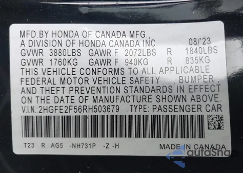 2024 Honda Civic Sport z USA, uszkodzony, nr VIN 2HGFE2F56RH503679